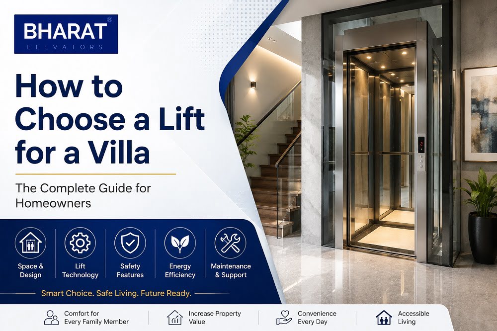 How to Choose a Lift for a Villa — The Complete Guide for Homeowners, with elevator lobby on the right and feature icons along the bottom blue panel.