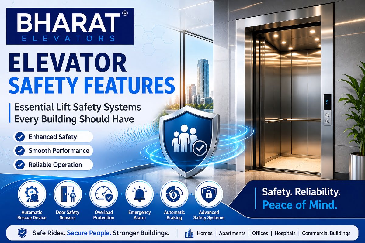 Advertisement for Bharat Elevators: highlights elevator safety features and reliability for buildings, including icons and text.